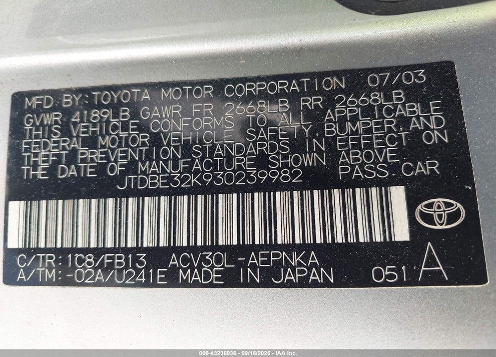 2003 TOYOTA CAMRY LE VIN: JTDBE32K930239982