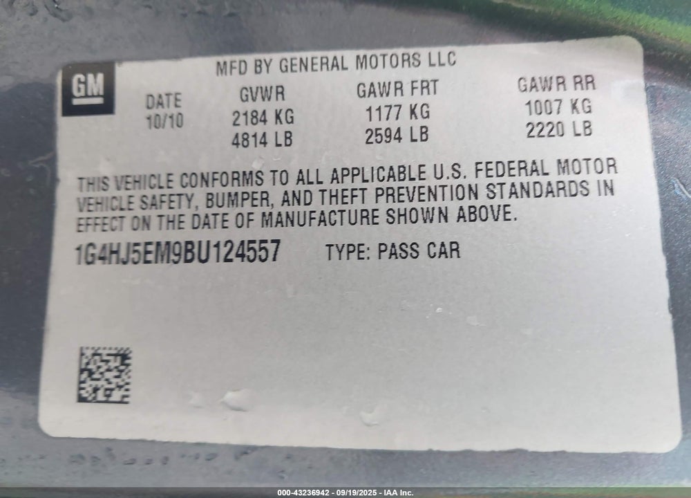 2011 BUICK LUCERNE CXL PREMIUM VIN: 1G4HJ5EM9BU124557