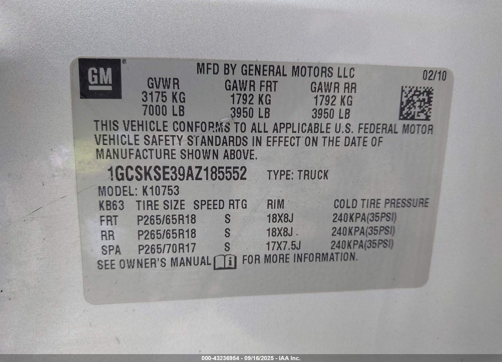 2010 CHEVROLET SILVERADO 1500 VIN: 1GCSKSE39AZ185552