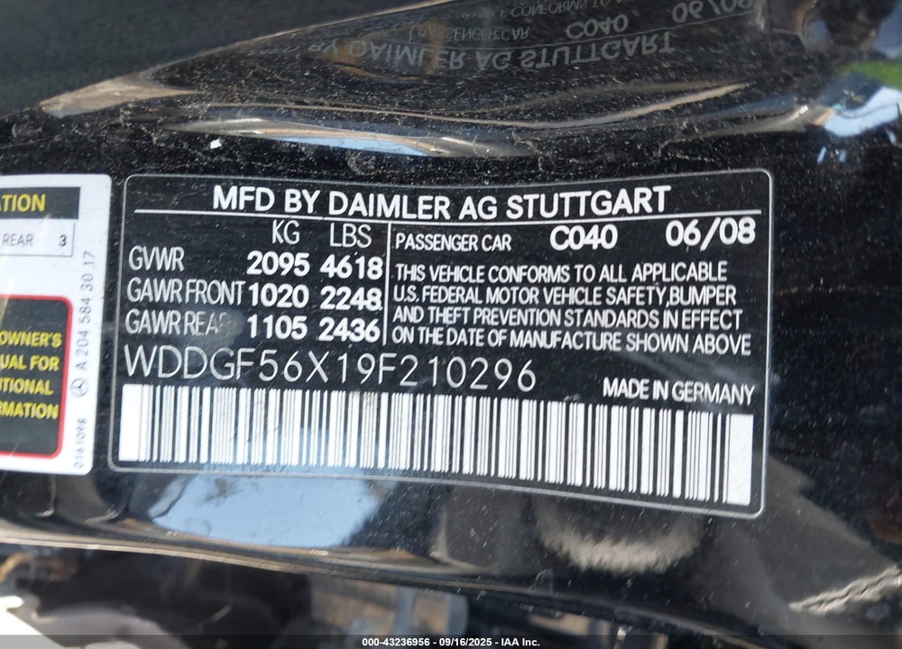 2009 MERCEDES-BENZ C CLASS VIN: WDDGF56X19F210296