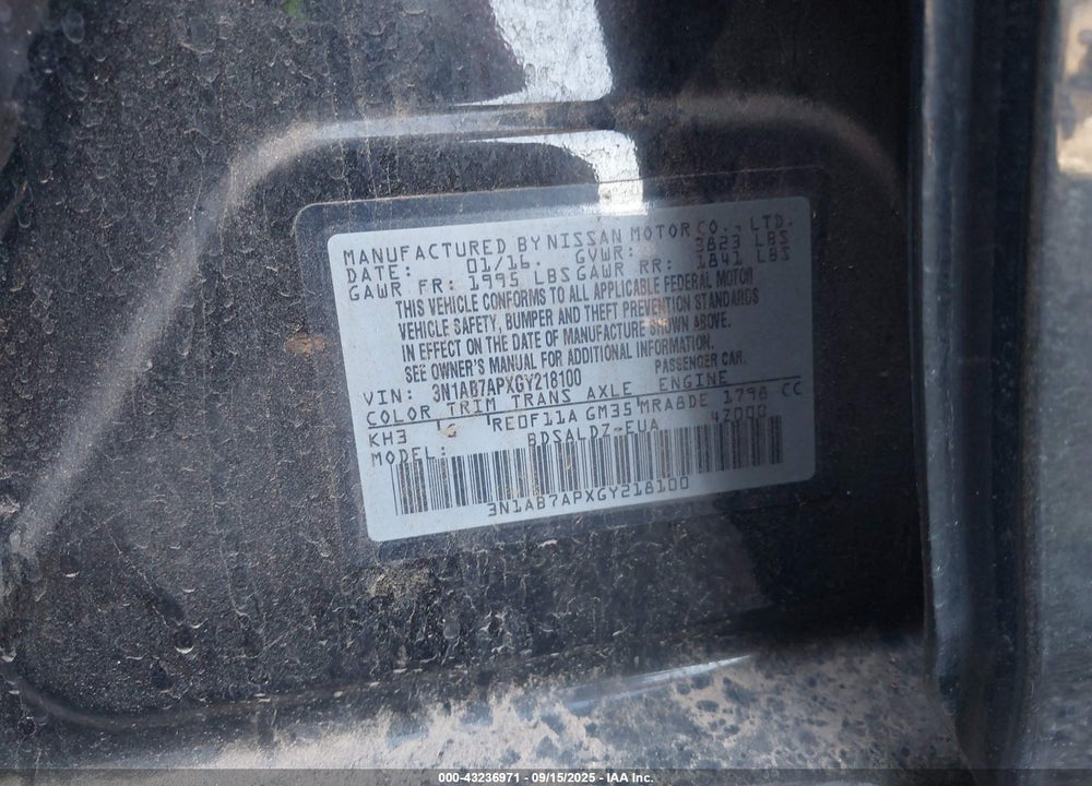 2016 NISSAN SENTRA VIN: 3N1AB7APXGY218100