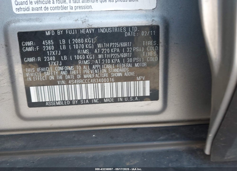2011 SUBARU OUTBACK VIN: 4S4BRCCC4B3400016