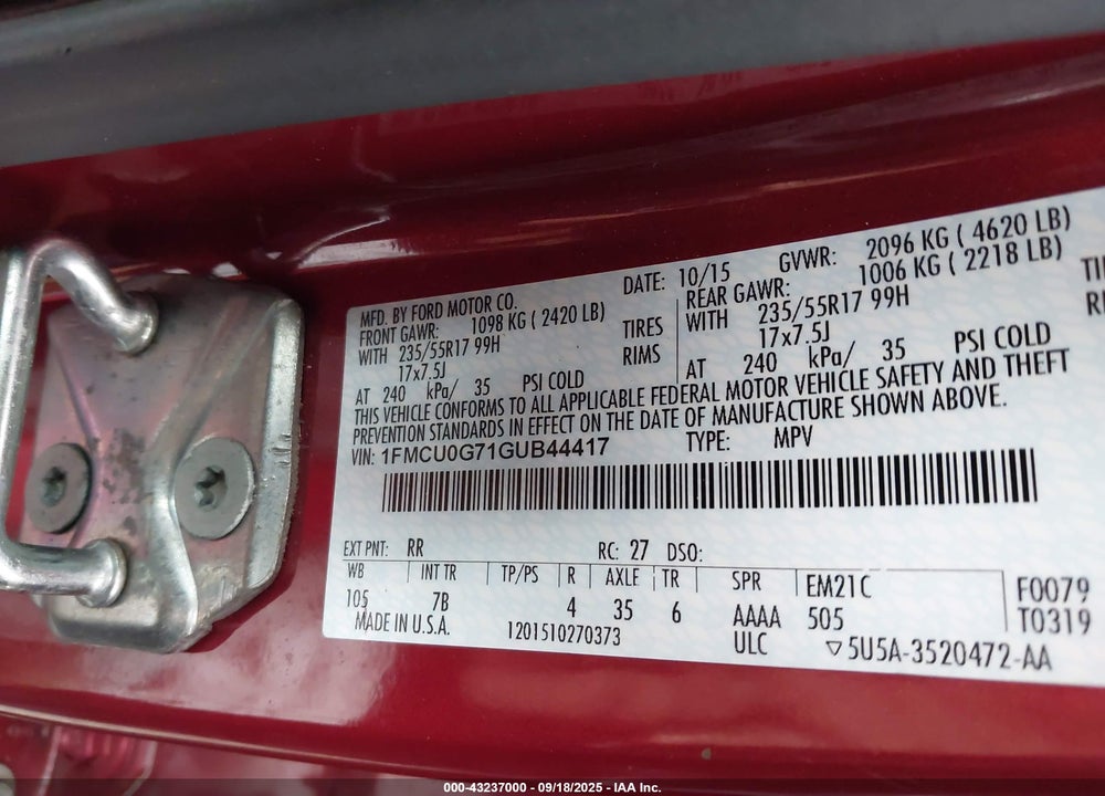 2016 FORD ESCAPE VIN: 1FMCU0G71GUB44417