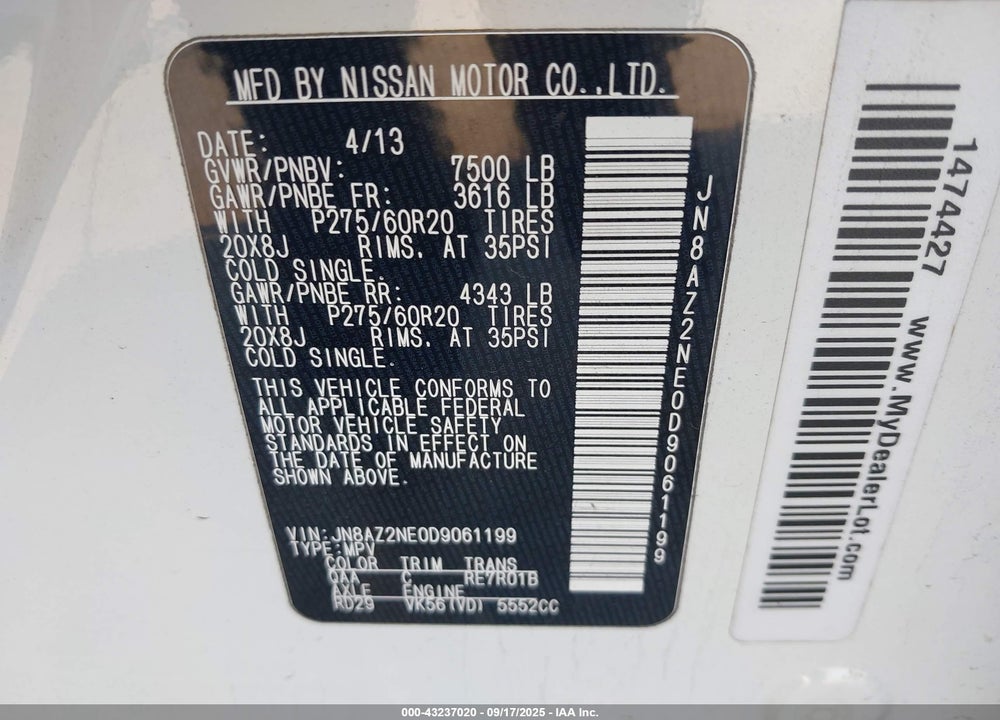 2013 INFINITI QX56 VIN: JN8AZ2NE0D9061199
