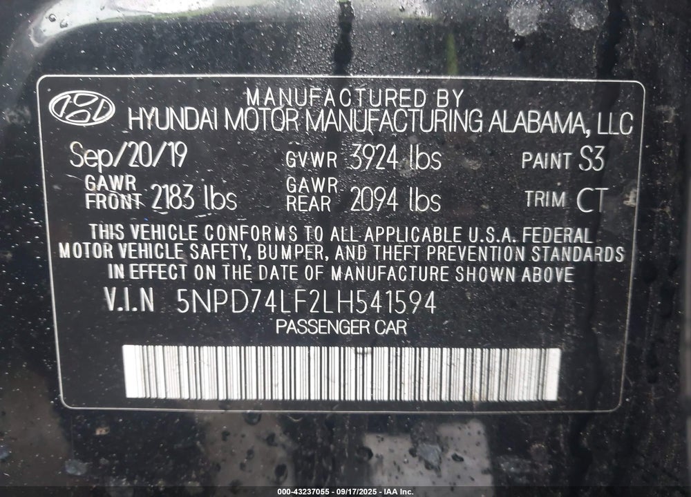 2020 HYUNDAI ELANTRA VIN: 5NPD74LF2LH541594