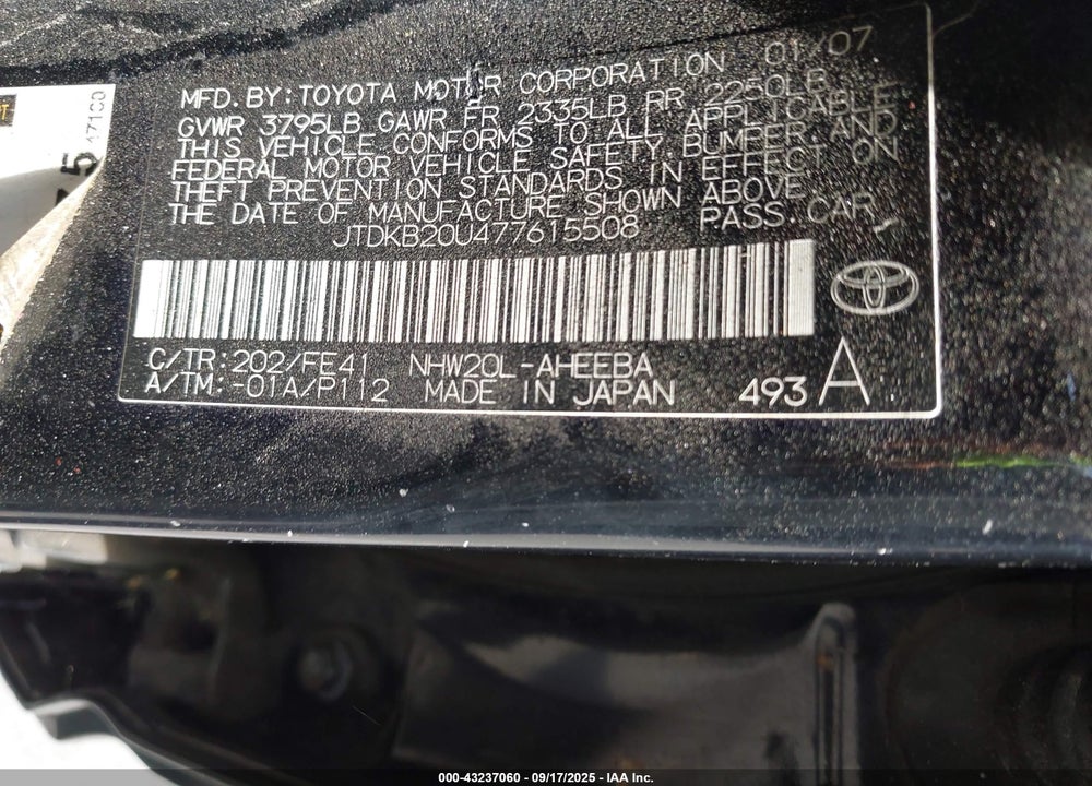 2007 TOYOTA PRIUS VIN: JTDKB20U477615508