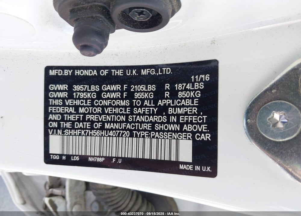 2017 HONDA CIVIC VIN: SHHFK7H56HU407720