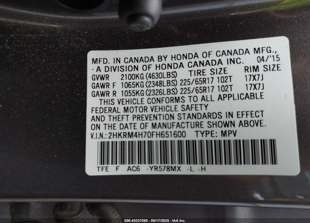 2015 HONDA CR-V VIN: 2HKRM4H70FH651600