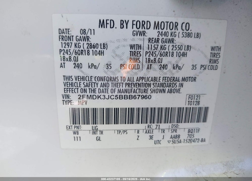 2011 FORD EDGE SEL VIN: 2FMDK3JC5BBB67960