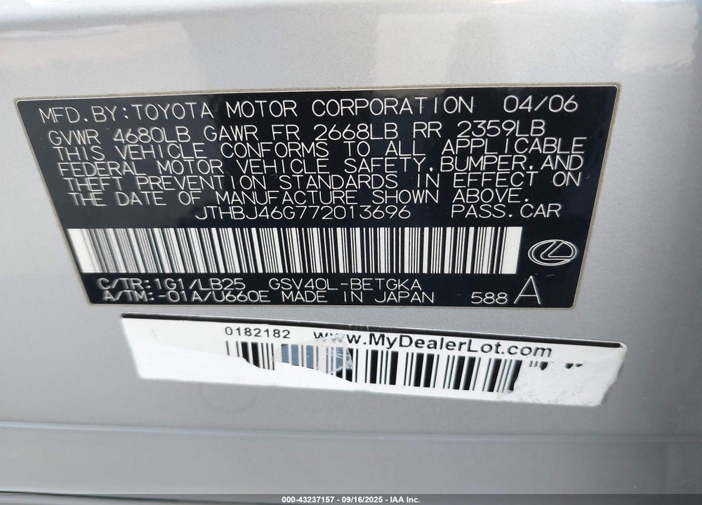 2007 LEXUS ES 350 VIN: JTHBJ46G772013696
