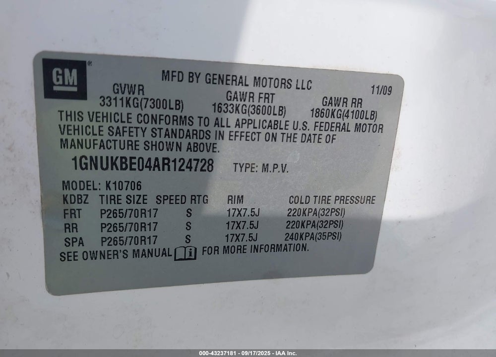 2010 CHEVROLET TAHOE VIN: 1GNUKBE04AR124728