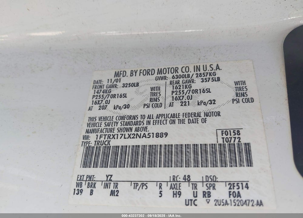 2002 FORD F-150 LARIAT/XL/XLT VIN: 1FTRX17LX2NA51889