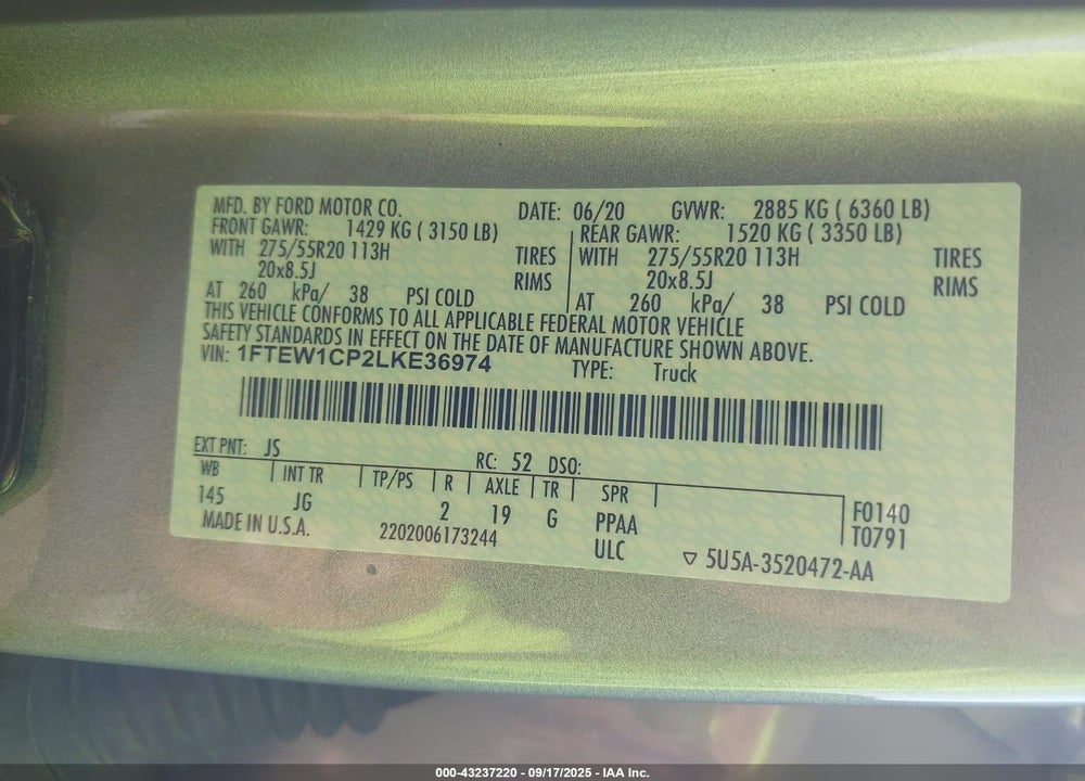 2020 FORD F-150 VIN: 1FTEW1CP2LKE36974