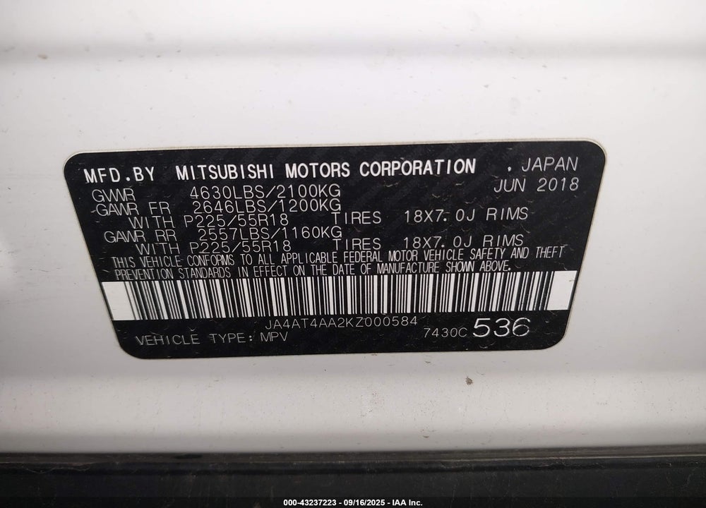 2019 MITSUBISHI ECLIPSE VIN: JA4AT4AA2KZ000584