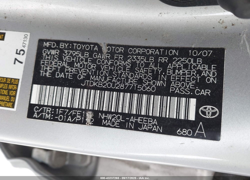2008 TOYOTA PRIUS VIN: JTDKB20U287715060