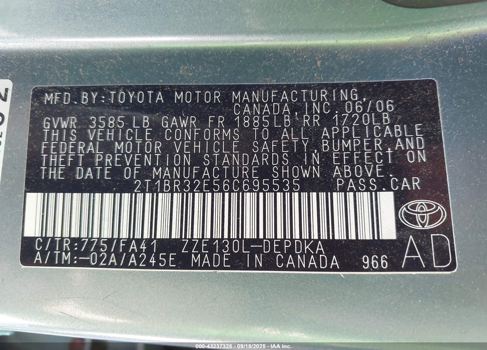 2006 TOYOTA COROLLA CE VIN: 2T1BR32E56C695535