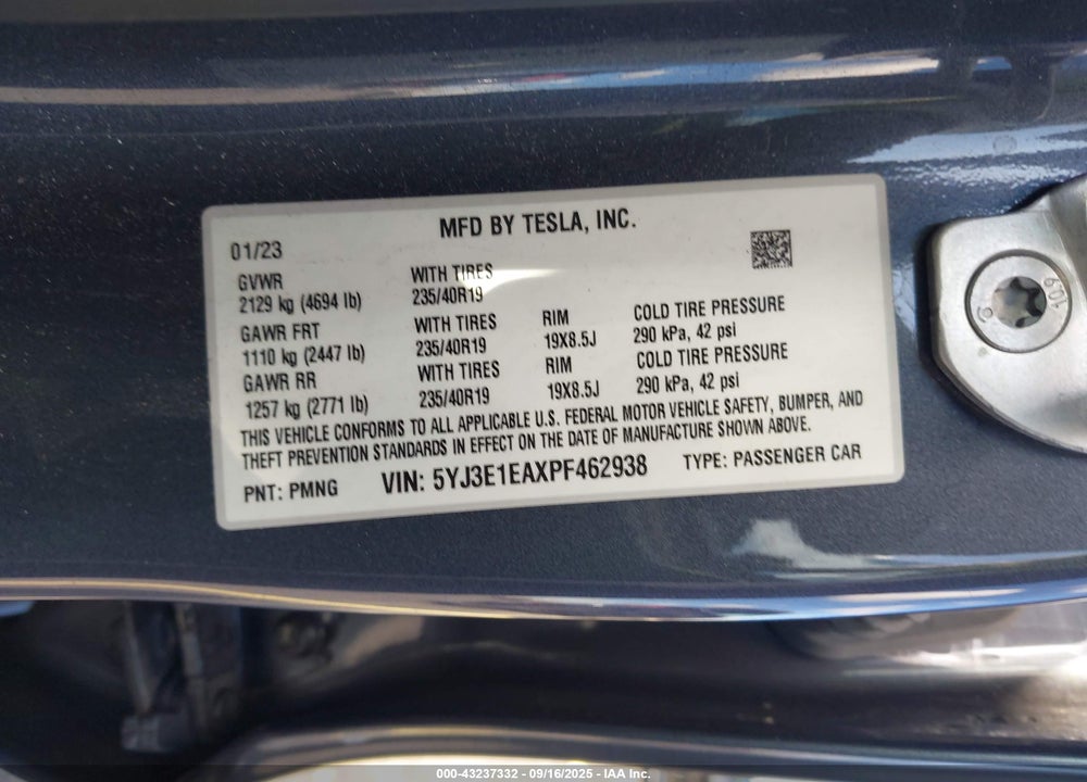 2023 TESLA MODEL 3 VIN: 5YJ3E1EAXPF462938
