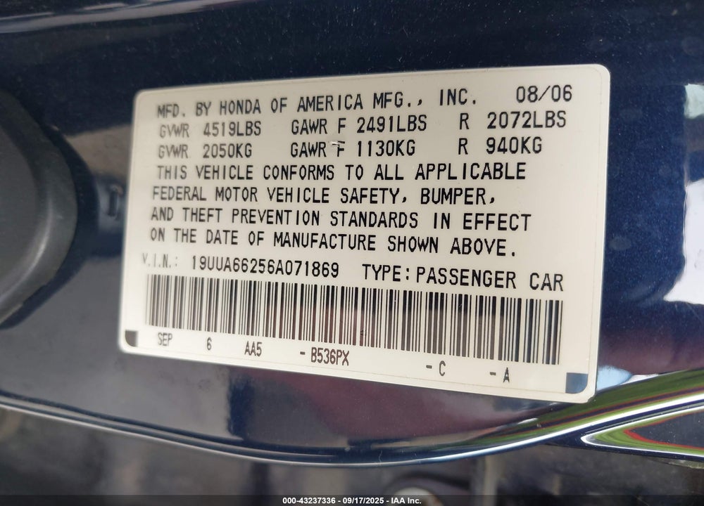 2006 ACURA TL VIN: 19UUA66256A071869