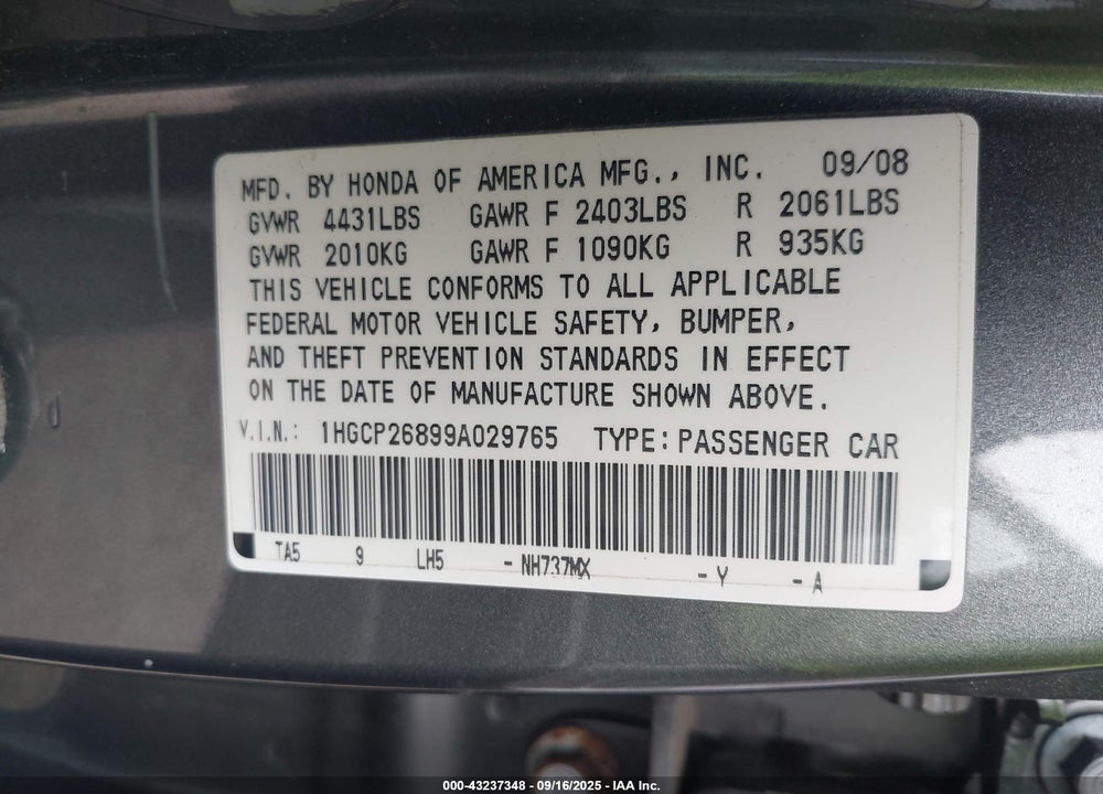 2009 HONDA ACCORD 2.4 EX-L VIN: 1HGCP26899A029765