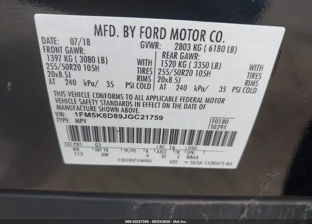 2018 FORD EXPLORER VIN: 1FM5K8D89JGC21759