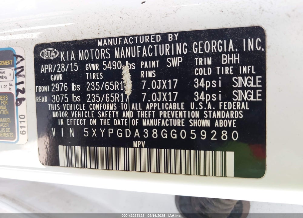 2016 KIA SORENTO 2.4L LX VIN: 5XYPGDA38GG059280