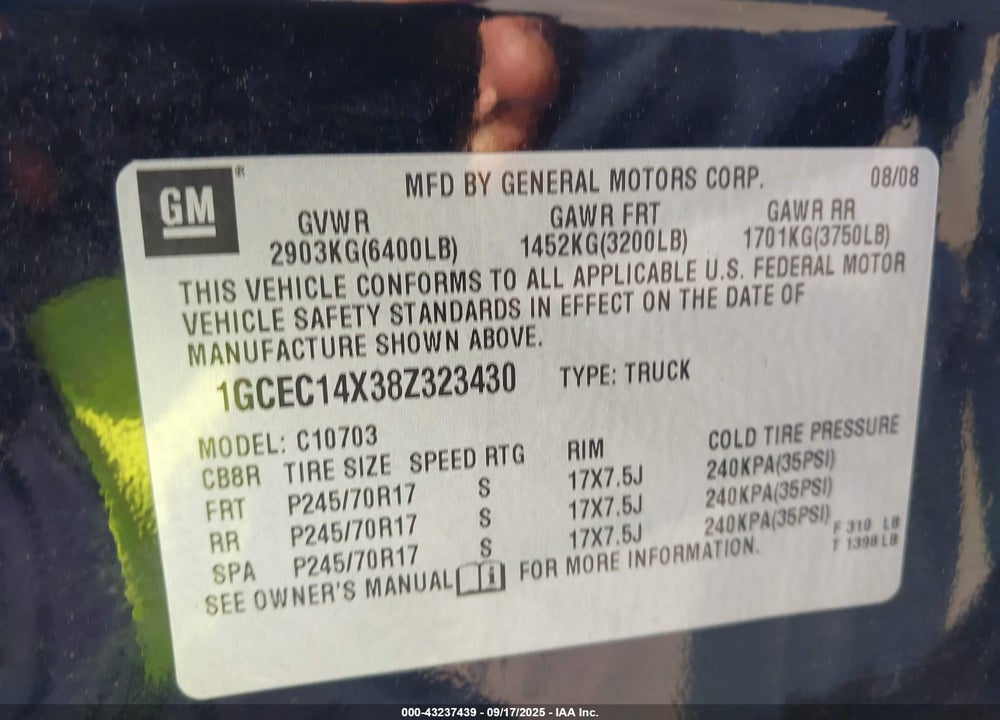 2008 CHEVROLET SILVERADO 1500 WORK TRUCK VIN: 1GCEC14X38Z323430