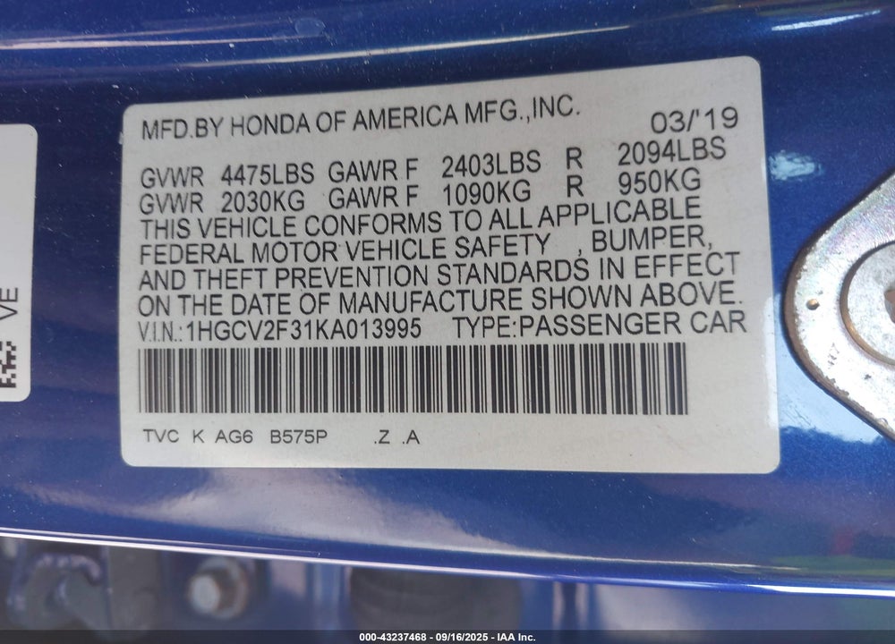 2019 HONDA ACCORD SPORT 2.0T VIN: 1HGCV2F31KA013995