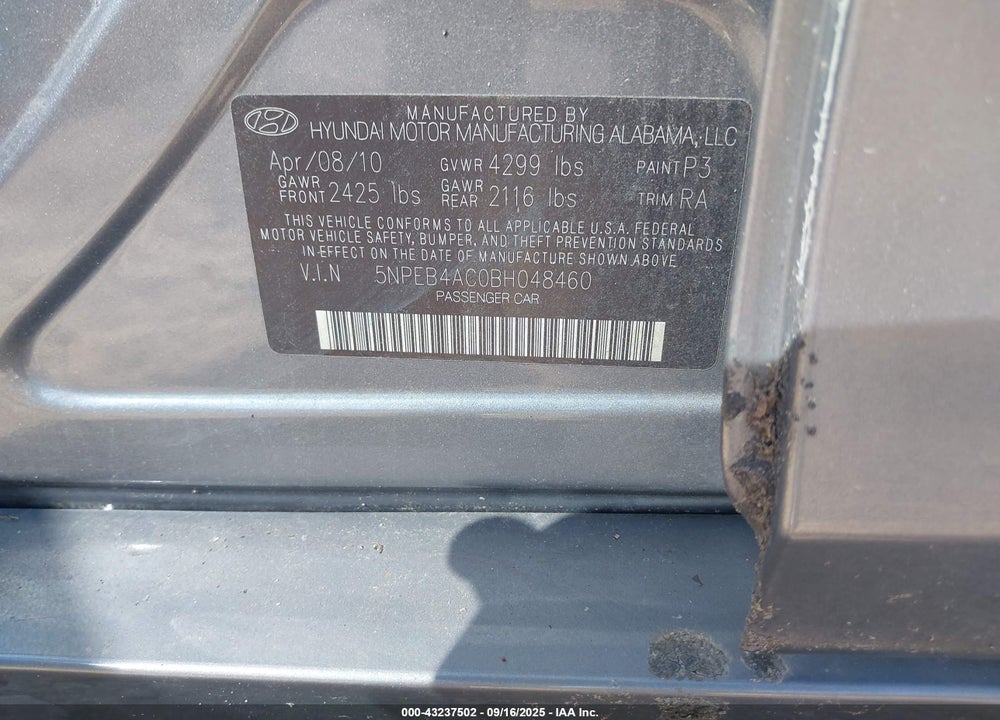 2011 HYUNDAI SONATA VIN: 5NPEB4AC0BH048460