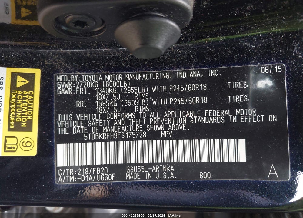 2015 TOYOTA HIGHLANDER LE V6 VIN: 5TDBKRFH9FS175728