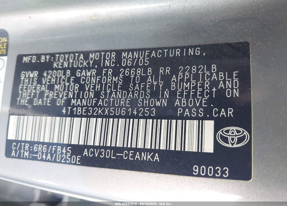 2005 TOYOTA CAMRY LE VIN: 4T1BE32KX5U614253