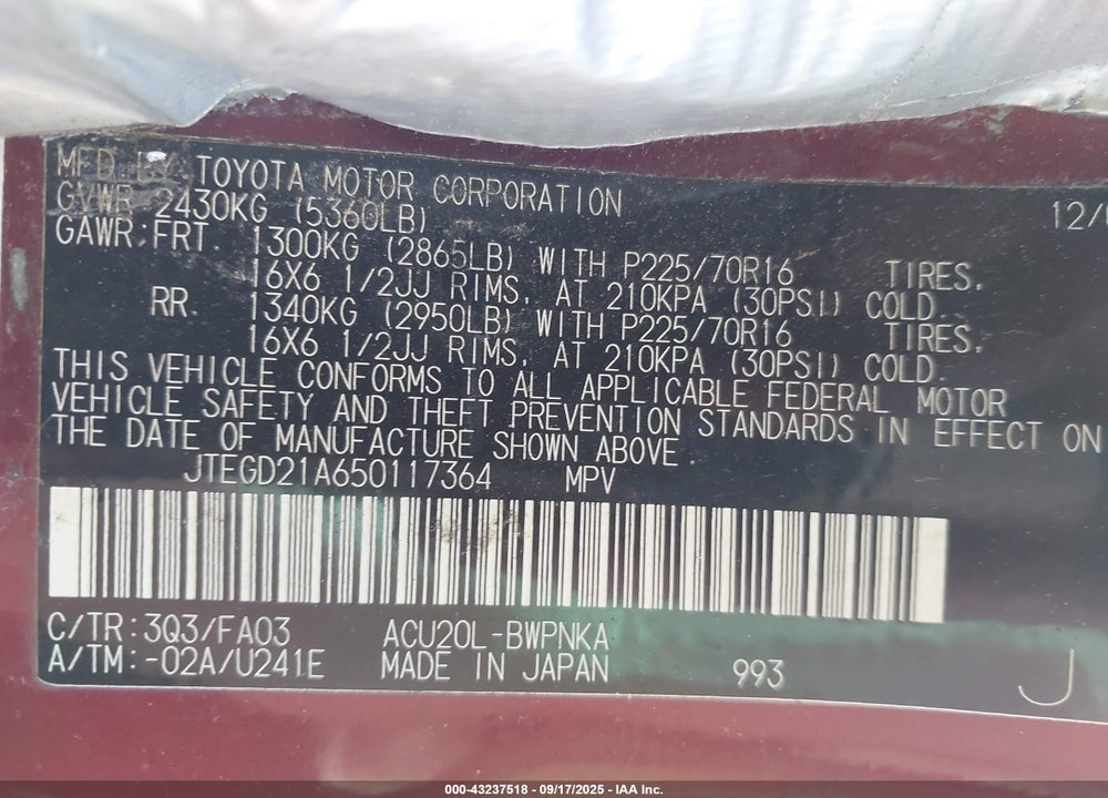 2005 TOYOTA HIGHLANDER VIN: JTEGD21A650117364