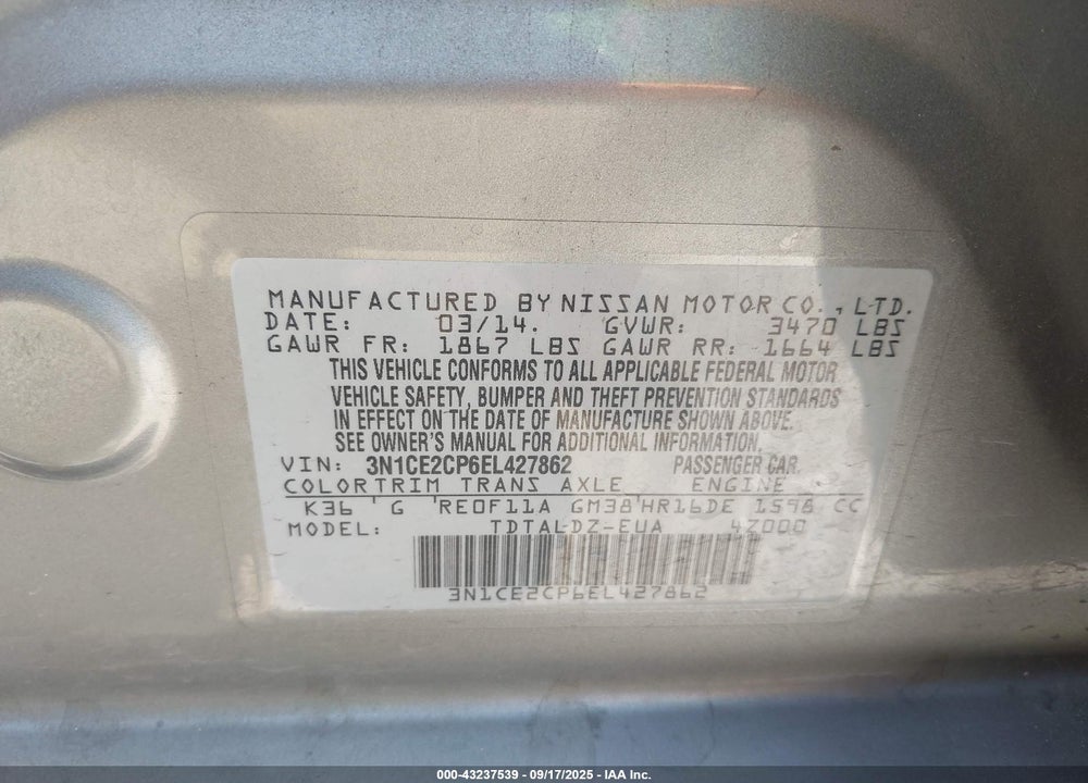 2014 NISSAN VERSA NOTE VIN: 3N1CE2CP6EL427862