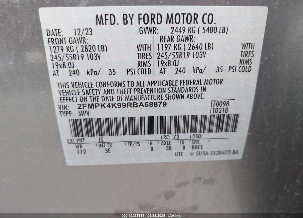 2024 FORD EDGE VIN: 2FMPK4K99RBA68879