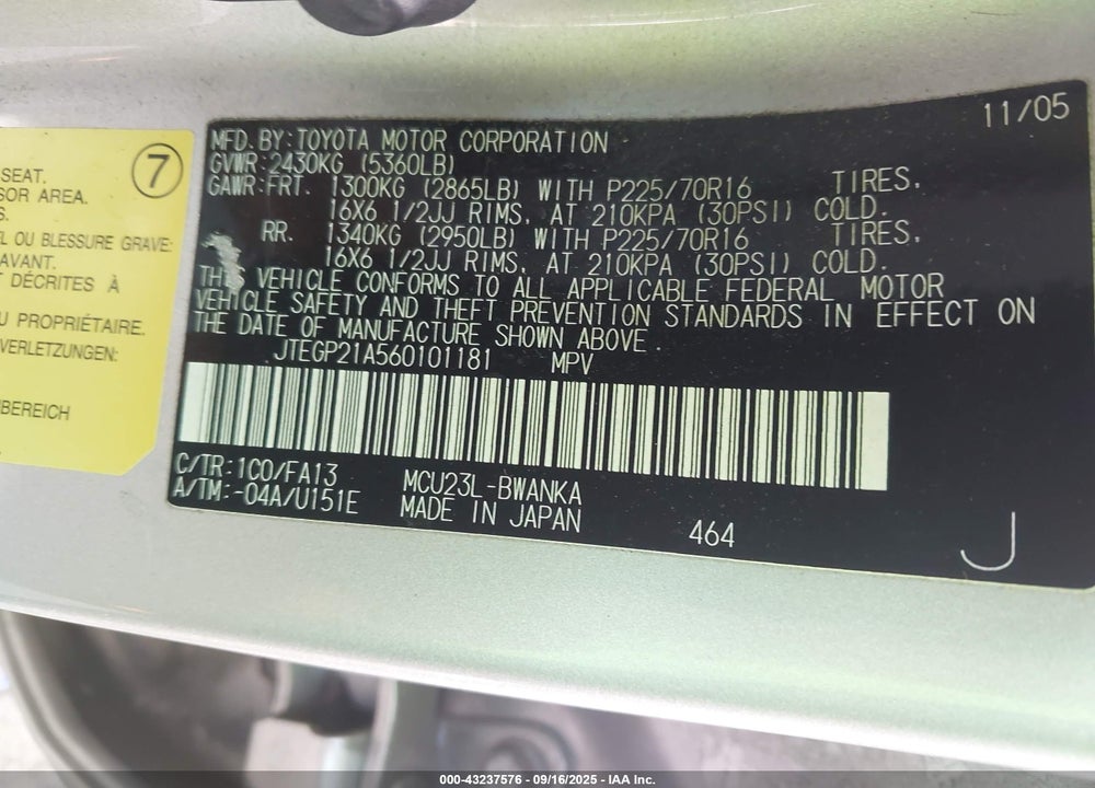 2006 TOYOTA HIGHLANDER V6 VIN: JTEGP21A560101181