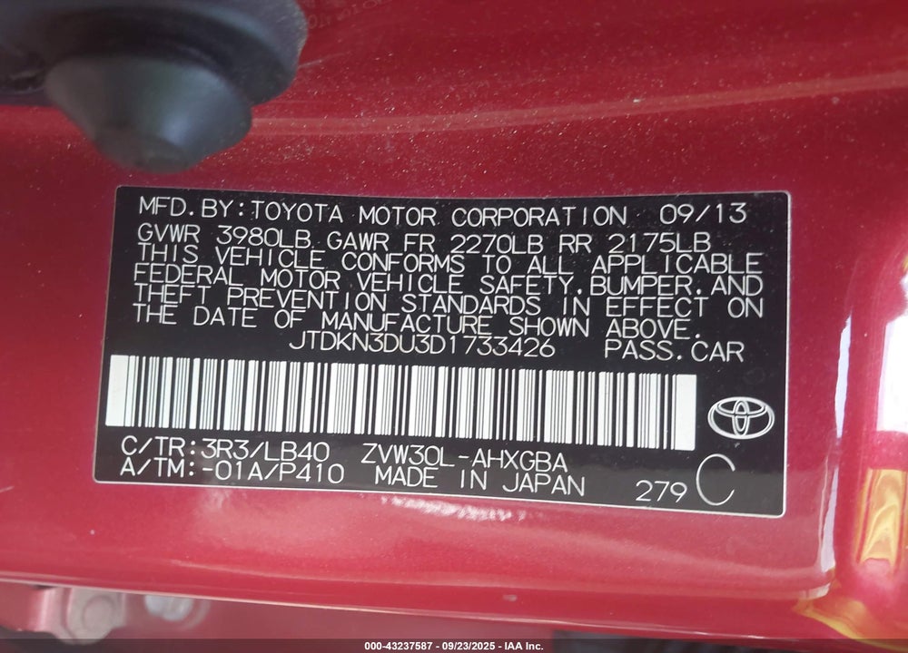 2013 TOYOTA PRIUS VIN: JTDKN3DU3D1733426