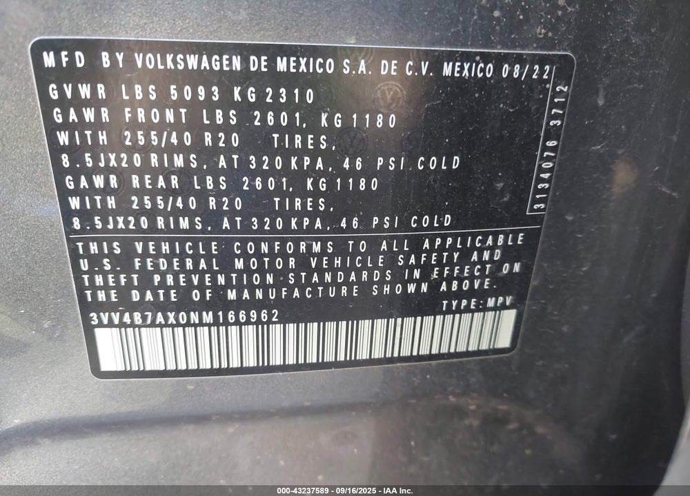 2022 VOLKSWAGEN TIGUAN 2.0T SEL R-LINE VIN: 3VV4B7AX0NM166962