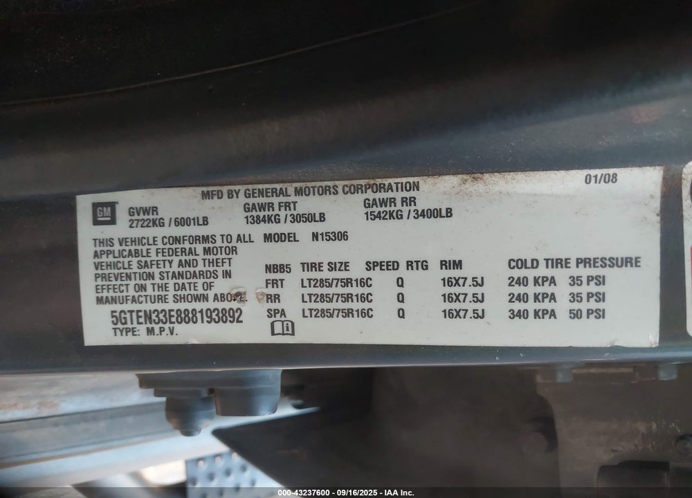 2008 HUMMER H3 SUV VIN: 5GTEN33E888193892