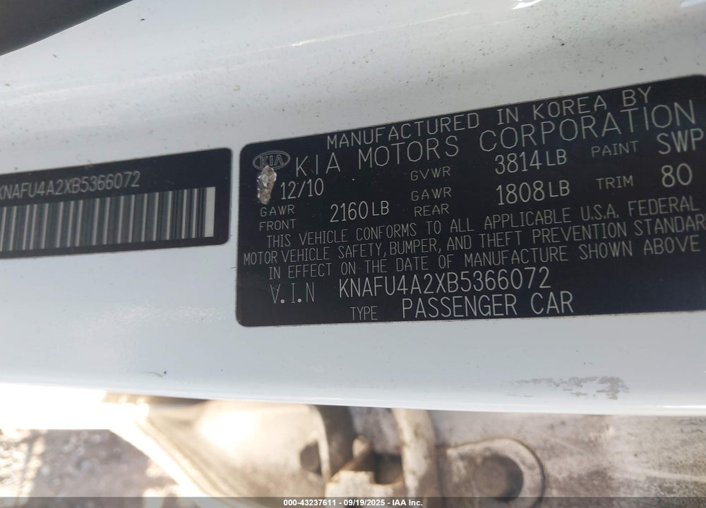 2011 KIA FORTE EX VIN: KNAFU4A2XB5366072