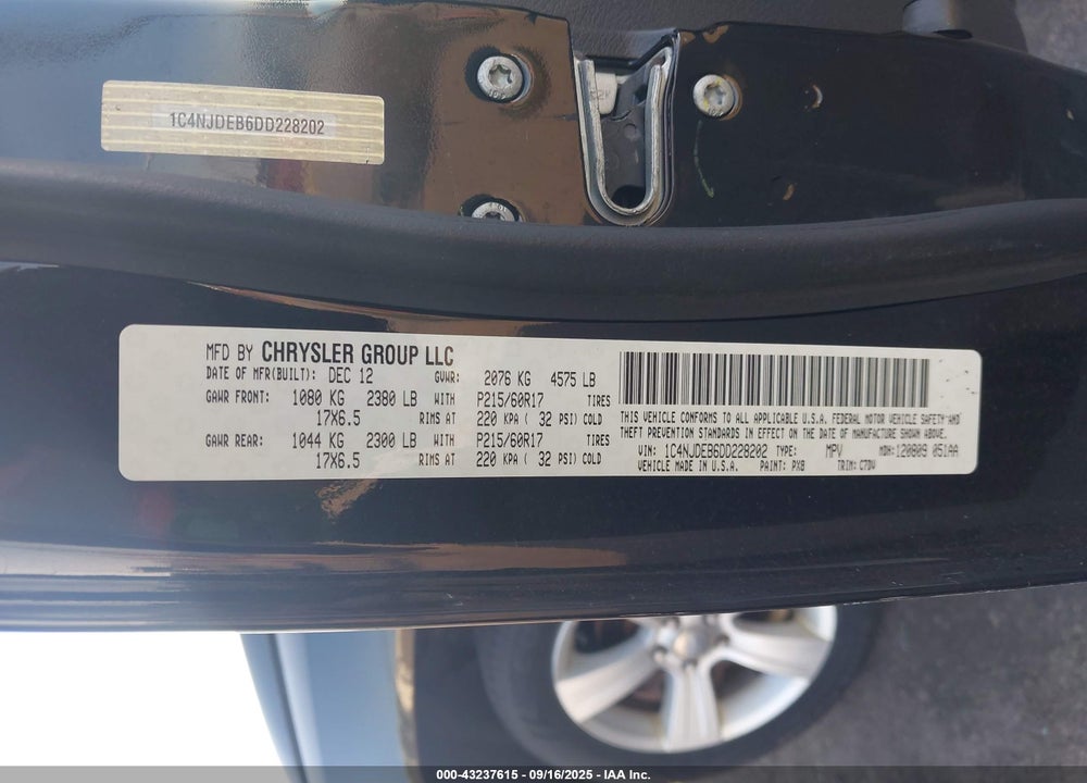 2013 JEEP COMPASS LATITUDE VIN: 1C4NJDEB6DD228202
