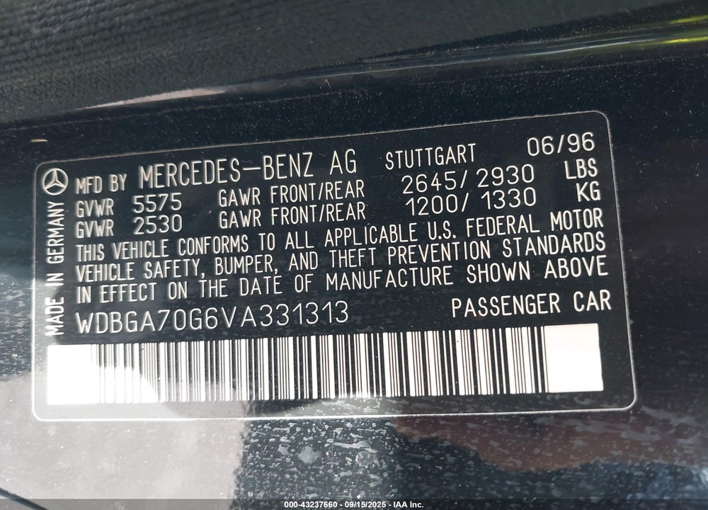 1997 MERCEDES-BENZ S 500 VIN: WDBGA70G6VA331313