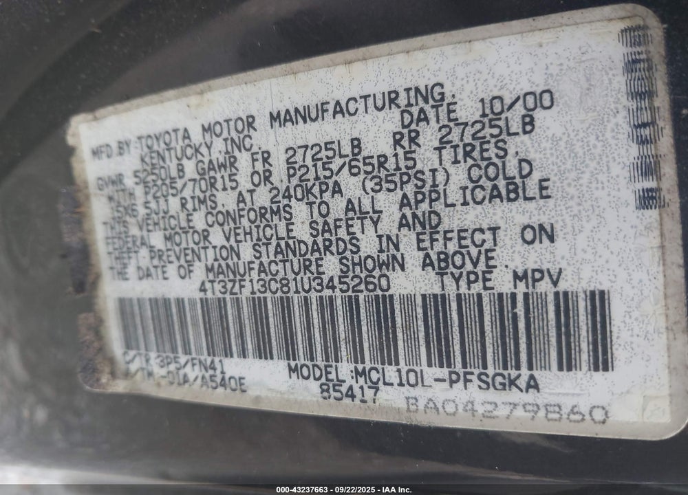 2001 TOYOTA SIENNA LE VIN: 4T3ZF13C81U345260