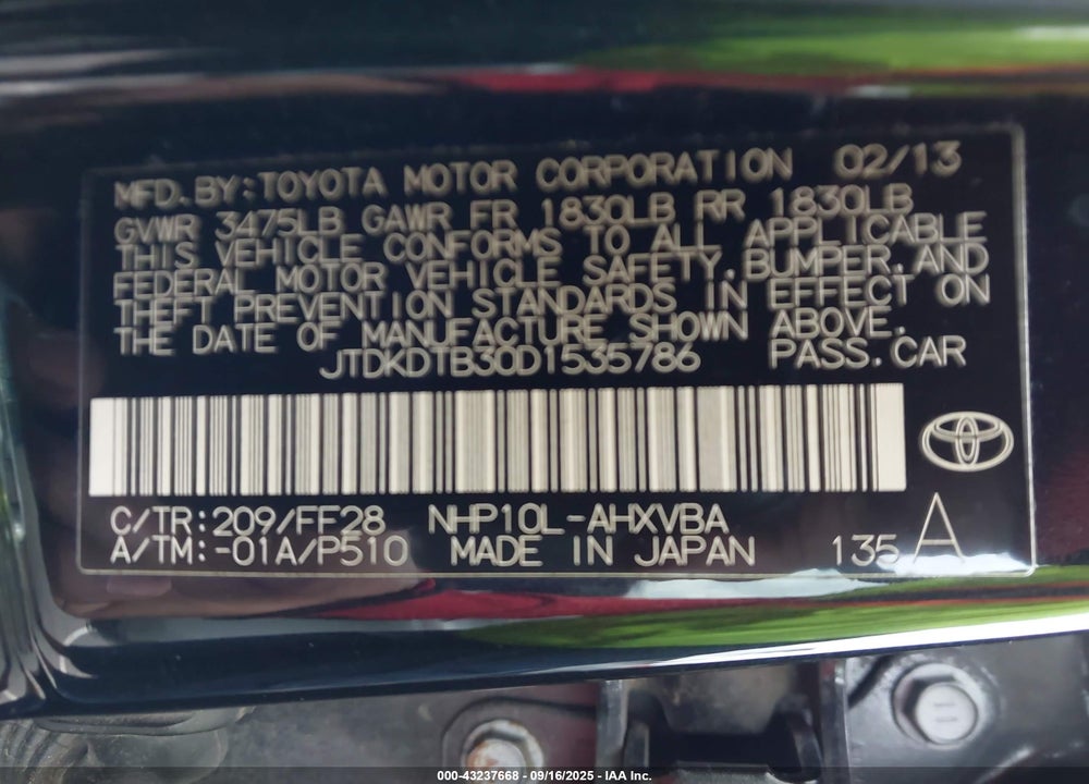 2013 TOYOTA PRIUS C VIN: JTDKDTB30D1535786