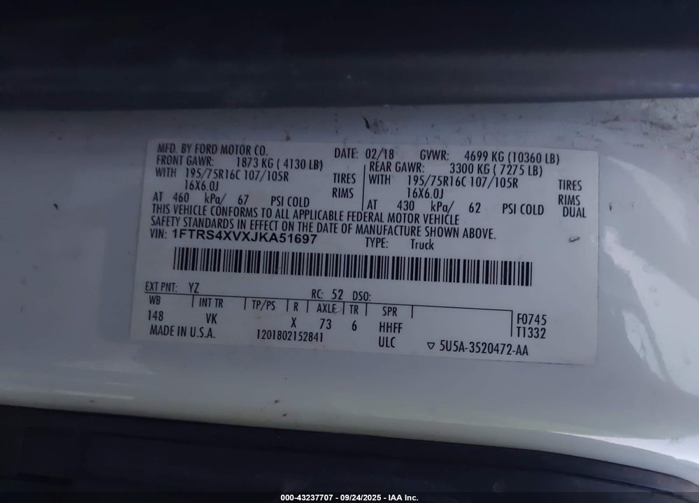 2018 FORD TRANSIT-350 VIN: 1FTRS4XVXJKA51697