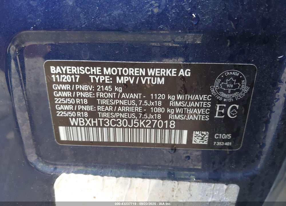 2018 BMW X1 VIN: WBXHT3C30J5K27018