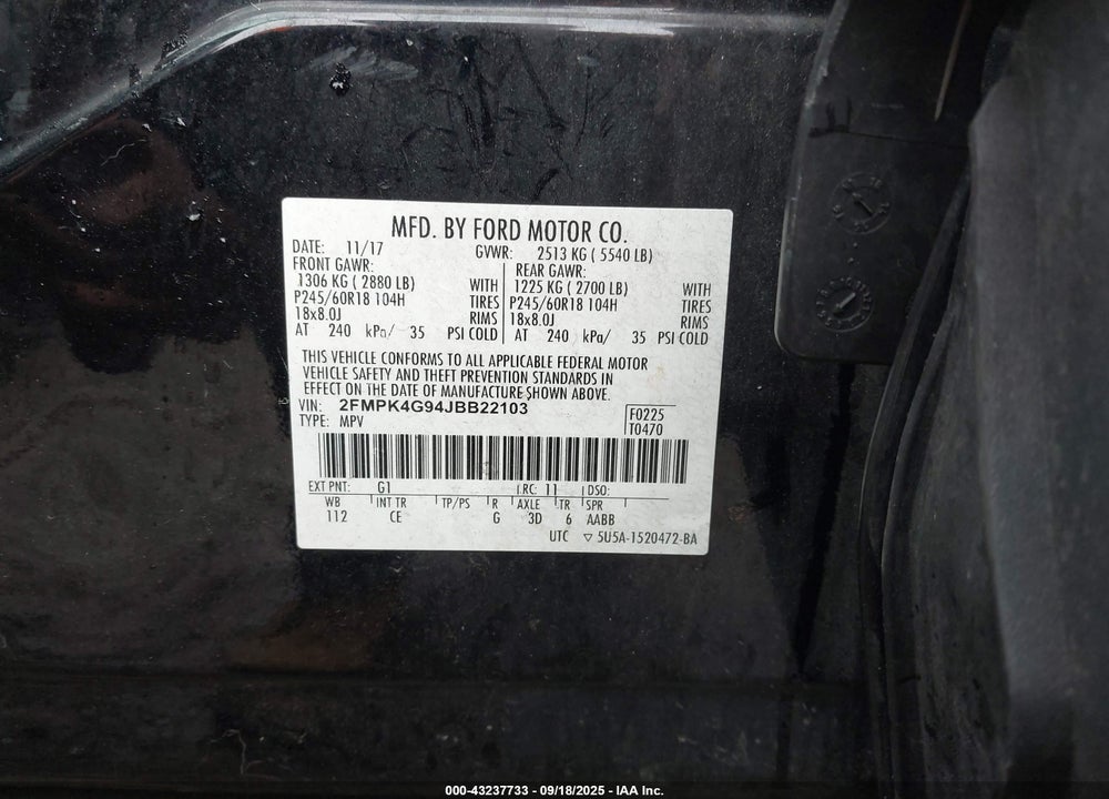 2018 FORD EDGE VIN: 2FMPK4G94JBB22103