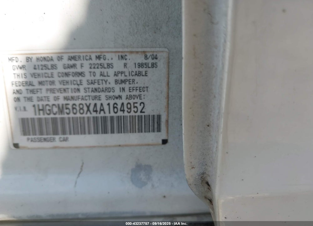2004 HONDA ACCORD 2.4 EX VIN: 1HGCM568X4A164952