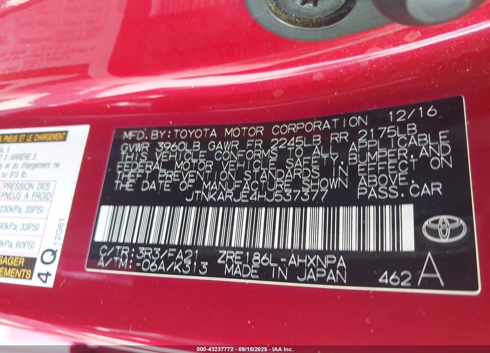 2017 TOYOTA COROLLA VIN: JTNKARJE4HJ537377