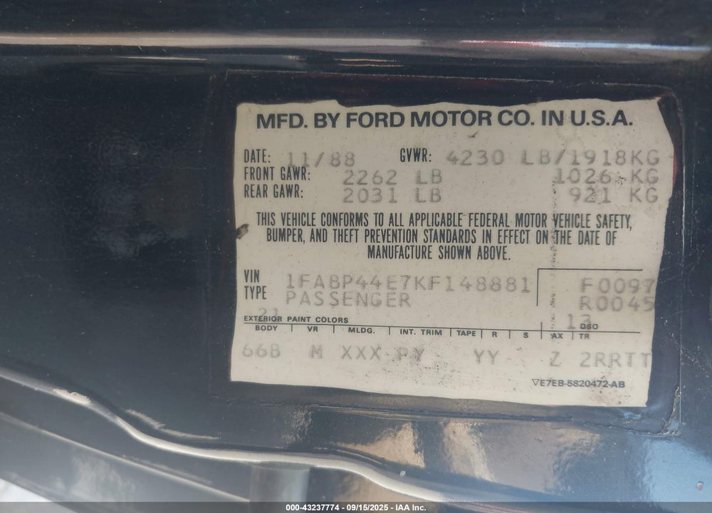 1989 FORD MUSTANG LX VIN: 1FABP44E7KF148881