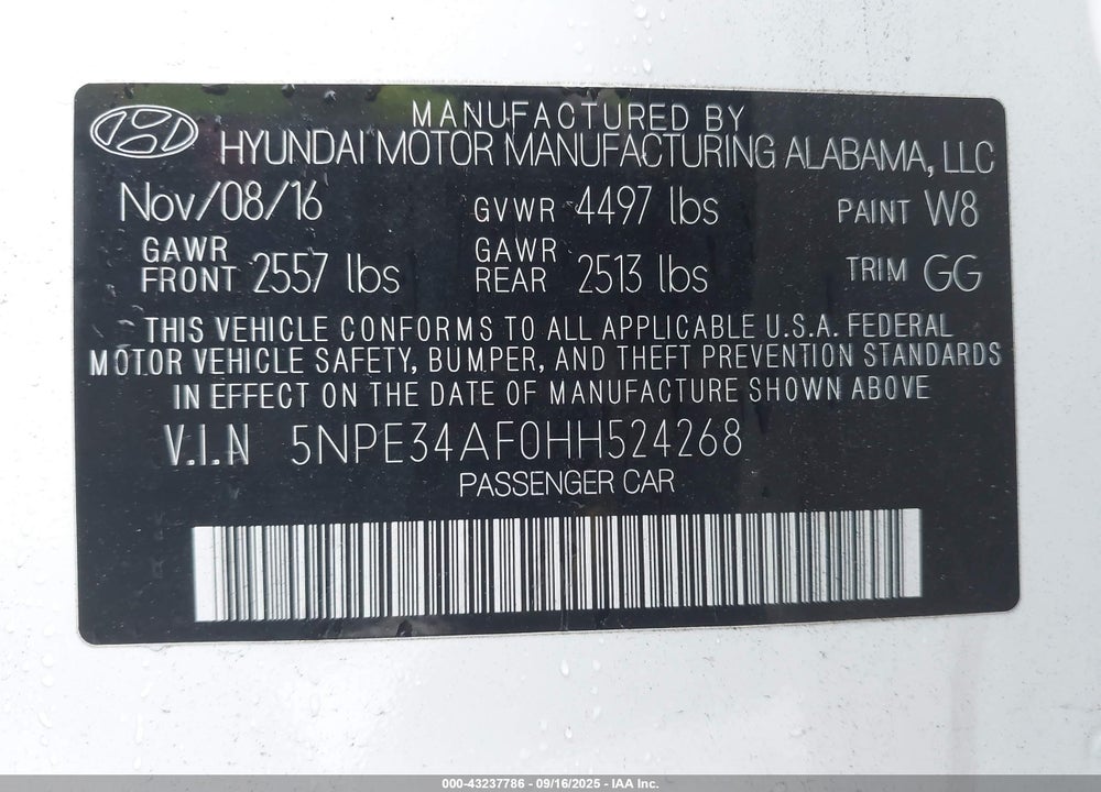 2017 HYUNDAI SONATA VIN: 5NPE34AF0HH524268
