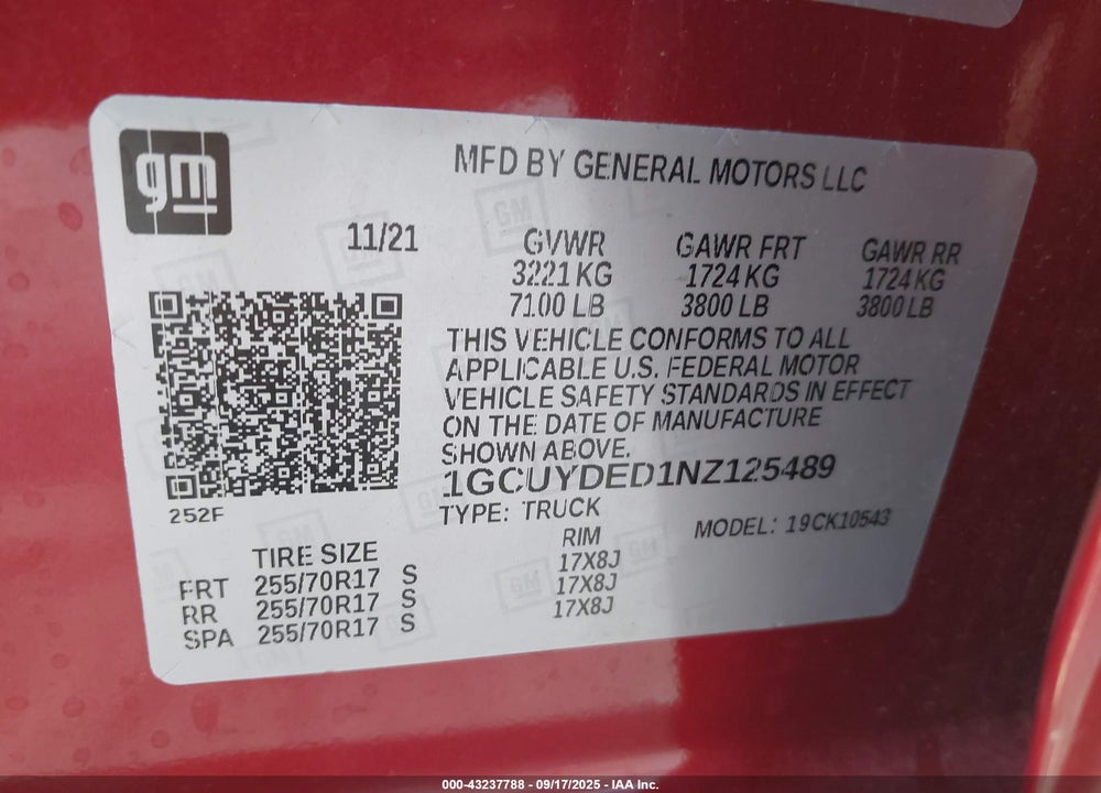 2022 CHEVROLET SILVERADO 1500 VIN: 1GCUYDED1NZ125489